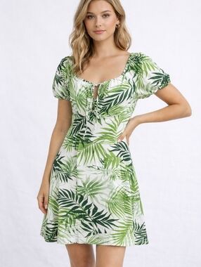 JAPNA TROPICAL DRESS WITH PUFFY SLEEVES SIZE MEDIUM